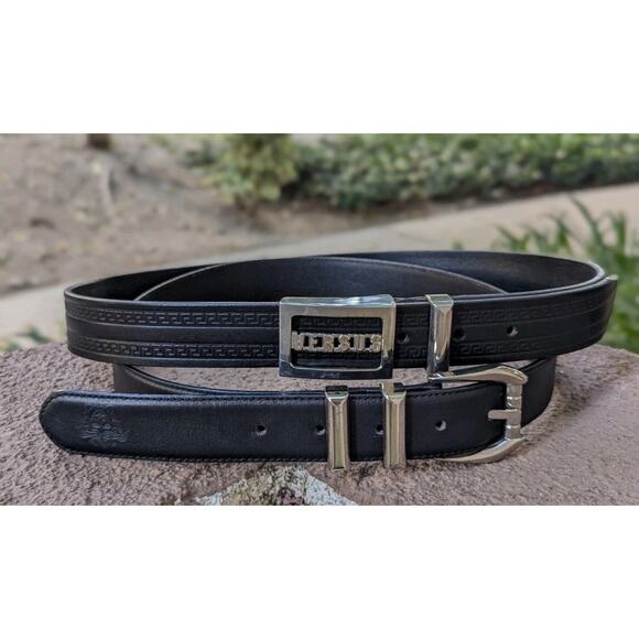GIANNI VERSACE 90\'s Silver Buckle MEDUSA Belt Black Leather Size 27 28 29 30 31\